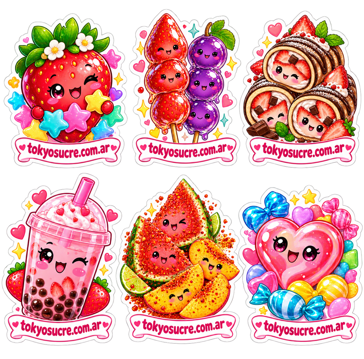 Universo de stickers Tokio Sucre: frutas, Tanghulu, crêpes y dulces de colores